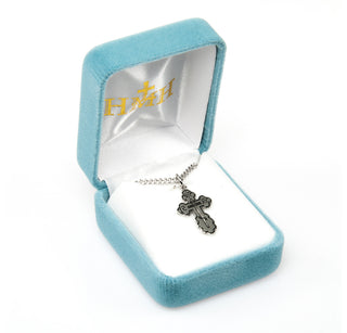 7/8-inch Sterling Silver Byzantine Cross with Black Enamel 18-inch Chain