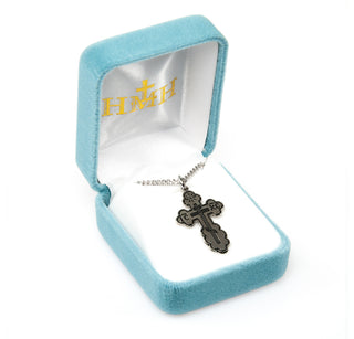 1 1/8-inch Sterling Silver Byzantine Cross with Black Enamel 20-inch Chain
