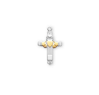 1-inch Tutone Sterling Silver Claddaugh Cross with 18-inch Chain
