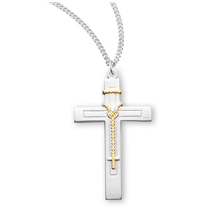1 1 2 Inch Tutone Sterling Silver Rosary Cross With 18 Inch Chain