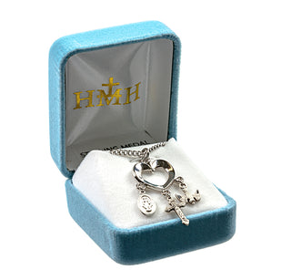 Sterling Silver Heart with Miraculous Medal, Crucifix & Holy Spirit Charms