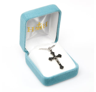 1 1/8' Sterling Silver Crucifix with Black Enamel 18-inch Chain
