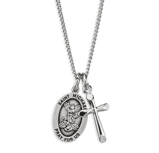 Sterling Silver Small Saint Michael Medal and Small Cross