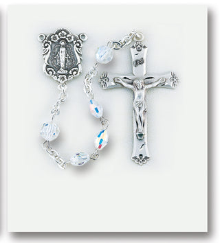 6mm Round Opal Finest Austrian Crystal Sterling Rosary - Engravable