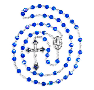 Sterling Silver Rosary Hand Made with finest Austrian Bermuda Blue Crystal 6mm Faceted Round Beads