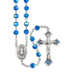 Sterling Silver Rosary Hand Made with finest Austrian Bermuda Blue Crystal 6mm Faceted Round Beads