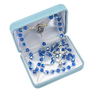 Sterling Silver Rosary Hand Made with finest Austrian Bermuda Blue Crystal 6mm Faceted Round Beads