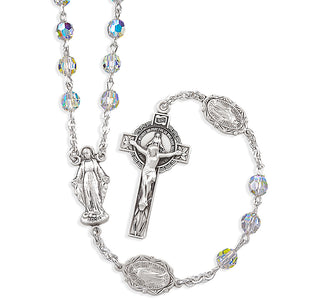 Sterling Silver Rosary Hand Made with finest Austrian Crystal 6mm Aurora Borealis Faceted Round Beads