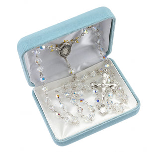 6mm Round Finest Austrian Crystal Aurora Borealis Crystal Sterling Rosary - Engravable