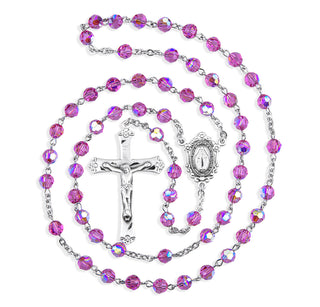 Sterling Silver Rosary Hand Made with finest Austrian Crystal 6mm Pink Faceted Round Beads