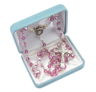 Sterling Silver Rosary Hand Made with finest Austrian Crystal 6mm Pink Faceted Round Beads