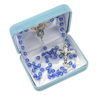 6mm Round Sapphire Finest Austrian Crystal Sterling Rosary - Engravable