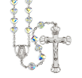 Sterling Silver Rosary Hand Made with finest Austrian Crystal 8mm Aurora Borealis Heart Shape Beads