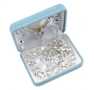 Sterling Silver Rosary Hand Made with finest Austrian Crystal 8mm Aurora Borealis Heart Shape Beads