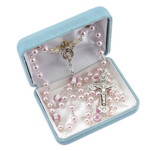 Sterling Silver Rosary Hand Made with finest Austrian Crystal 6mm Pink Pearl Beads