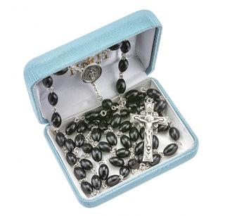 All Sterling Silver Oval Black Cocoa Rosary with Miraculous Center and Crucifix Boxed - Engravable