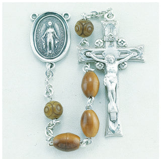 Sterling Silver Oval Brown Cocoa Rosary | Miraculous Center and Crucifix - Engravable