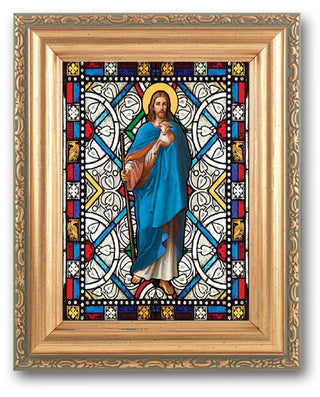 Good Shepherd Stain Glass Art 4X6" In 5X7 Gold Frame