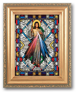 Divine Mercy Stain Glass Art 4X6" In 5X7 Gold Frame