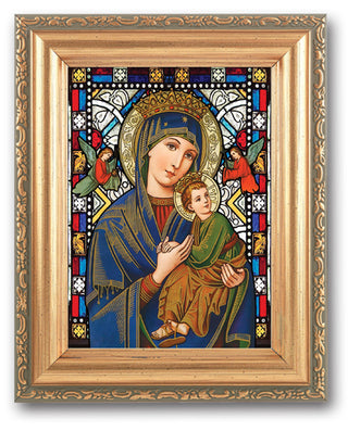 Our Lady Perpetual Help Stain Glass Art 4X6" In 5X7 Gold Frame