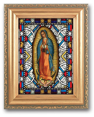 Our Lady Of Guadalupe Stain Glass Art 4X6" In 5X7 Gold Frame