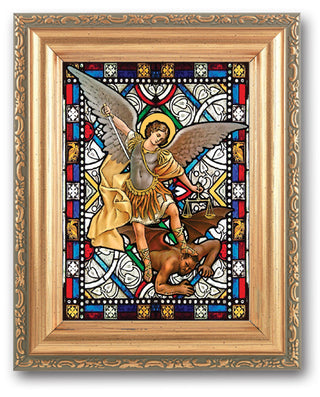 St. Michael Stain Glass Art 4X6" In 5X7" Gold Frame