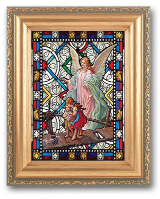 Guardian Angel Stain Glass Art 4X6 In 5X7 Gold Frame