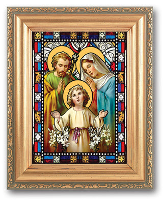 Holy Family Stain Glass Art 4X6" In 5X7" Gold Frame