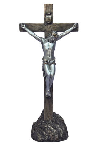 Crucifix on Rock Cold Cast Bronze/Pewter Style 13"
