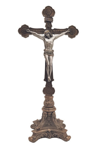 Standing Double Sided Crucifix in Two Tone Pewter Style Corpus 12.5"