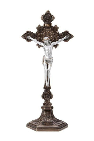 Standing Saint Benedict Crucifix Cold Cast Bronze/Pewter Style  9.5"
