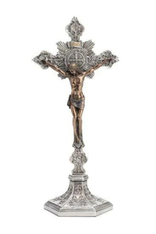 Standing Saint Benedict Crucifix Pewter Style/Cold Cast Bronze 9.5"