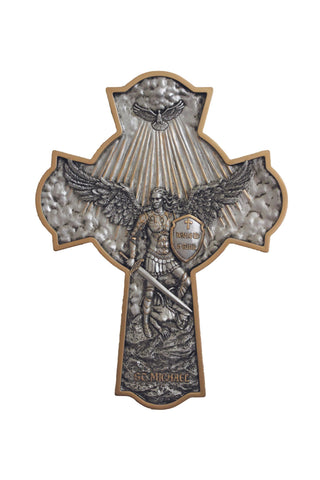 St. Michael Crucifixion Plaque Pewter Style Finish 16"