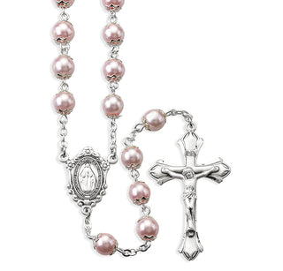 8Mm Light Rose Faux Pearl Rosary Engravable