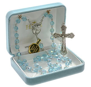Tin Cut Crystal Caribbean Blue Rosary - Engravable