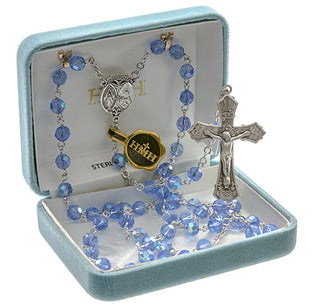 Tin Cut Sapphire Aurora Crystal Rosary - Engravable