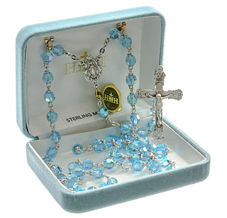 Tin Cut Czech Aqua Aurora Crystal Rosary - Engravable