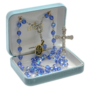 Tin Cut Czech Caribbean Blue Aurora Crystal Rosary - Engravable