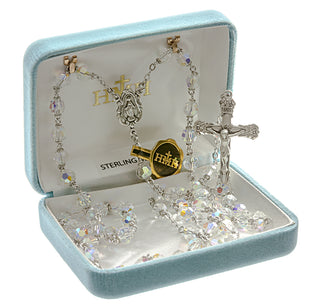 6mm Tin Cut Clear Czech Crystal Aurora Rosary - Engravable