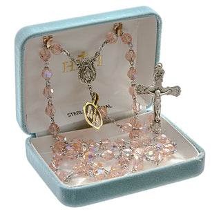 6mm Tin Cut Czech Light Rose Crystal Aurora Rosary - Engravable