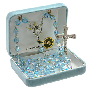 Tin Cut CZech Aqua Crystal Rosary - Engravable