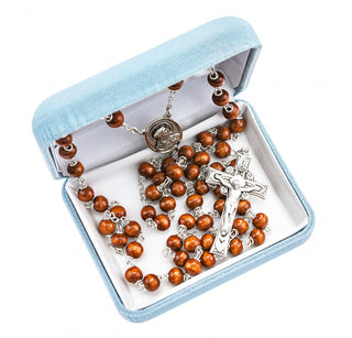 Brown Round Boxwood Rosary - Engravable
