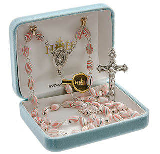 Pink Oval Painted Italian Wood Rosary - Engravable