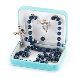 Blue Round Italian Wood Rosary - Engravable