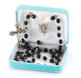 Black Oval Boxwood Rosary - Engravable
