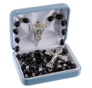 Black Oval Carved Wood Rosary/Boxed - Engravable