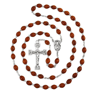 Brown Oval Carved Wood Rosary - Engravable