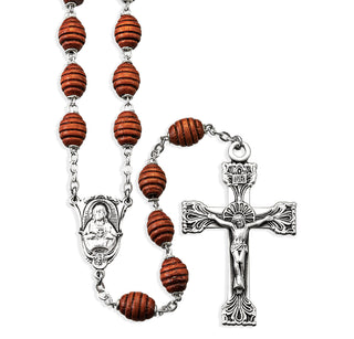 Brown Oval Carved Wood Rosary Engravable