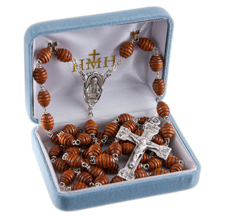 Brown Oval Carved Wood Rosary - Engravable