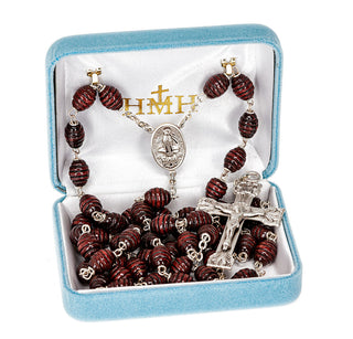 Maroon Oval Carved Wood Rosary - Engravable